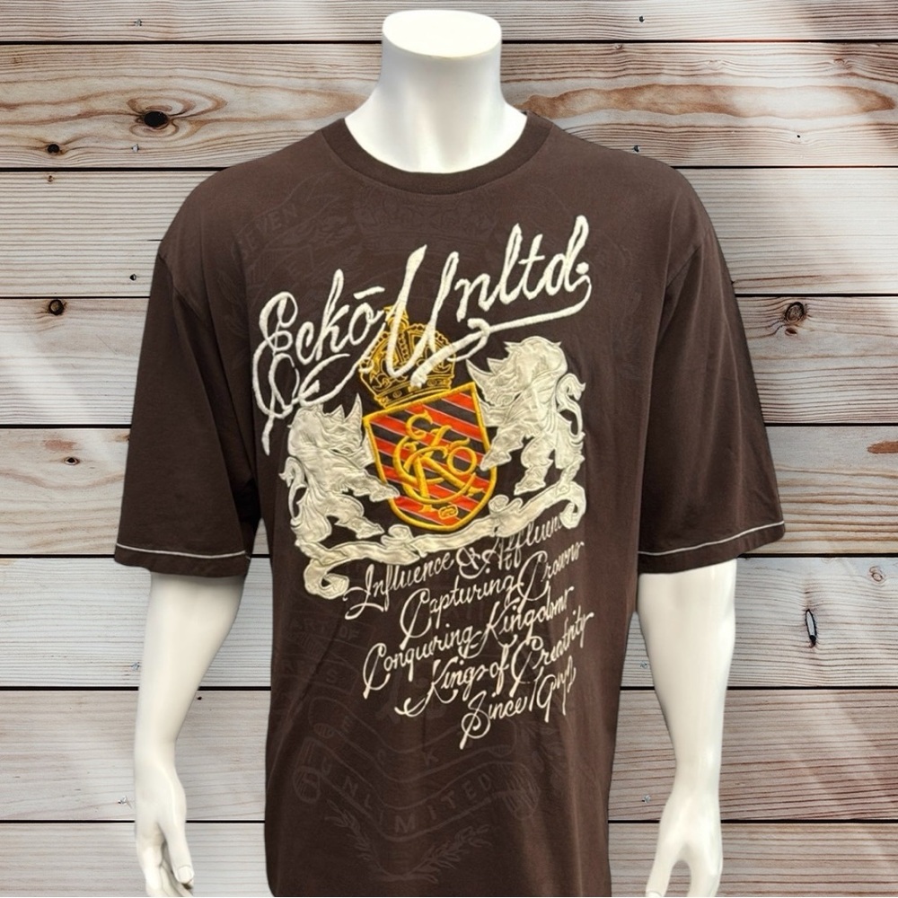 Ecko Unltd 1972 Full Embroidered Big Rhino Influence & Affluence Brown Shirt 2XL